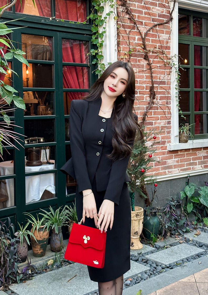 Đầm công sở nữ dáng Hepburn phong cách Pháp, bộ hai chiếc dài tay thanh lịch — Màu đen