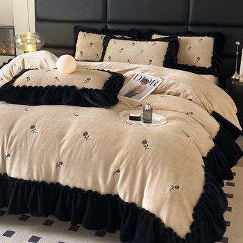 French Retro Light Luxury High-end Sense Thickened Milk Velvet Bed Four-piece Coral Velvet Double-sided fleece-lined Quilt Cover Bed Sheet