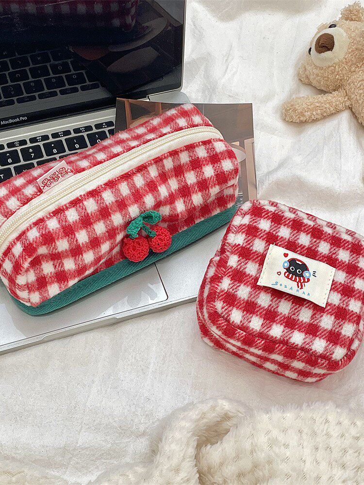 5222 New Knitted Cherry Plaid Student Stationery Pencil Bag Multifunctional Storage Cosmetic Bag Portable Sanitary Bag