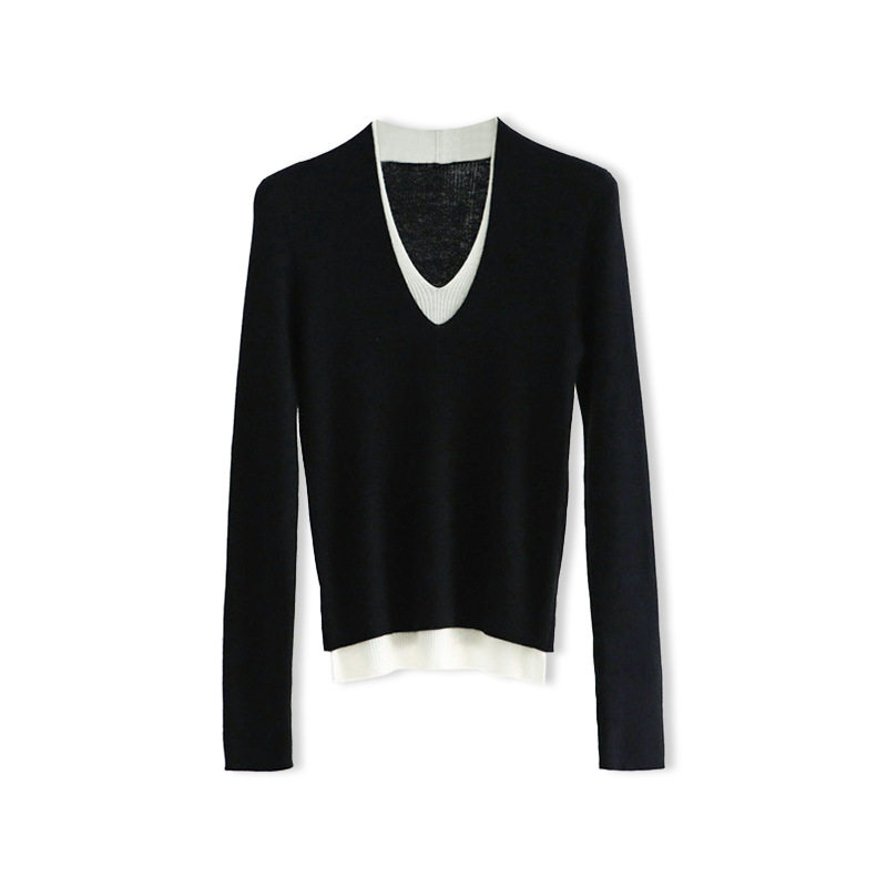 秋冬100%美丽诺羊毛假两件V领针织衫 撞色叠穿打底衫长袖套头上衣