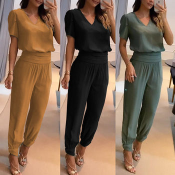 Cross-Border European and American Clothing New Fashion Casual V Neck Printed Short-Sleeved Pants Suit Two-Piece Set