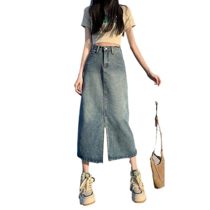 High Waisted Slim Fit Midi Denim Skirt Versatile Bodycon Side Slit Spring Summer Fashion Wholesale Available