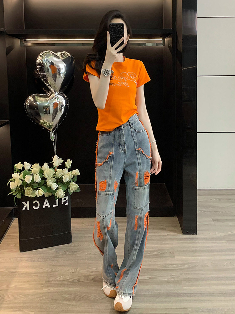 Street-Style Short-Sleeved T-Shirt Fashion Suit for Women Summer New Slim-Fitting Short Fashionable Jeans Orange Edge Two-Piece Set