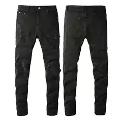 High Street Trendy Brand Foreign Trade Black Jeans Men's Scraped Patch Beggar Pants Stretch Slim-fit Skinny Pants