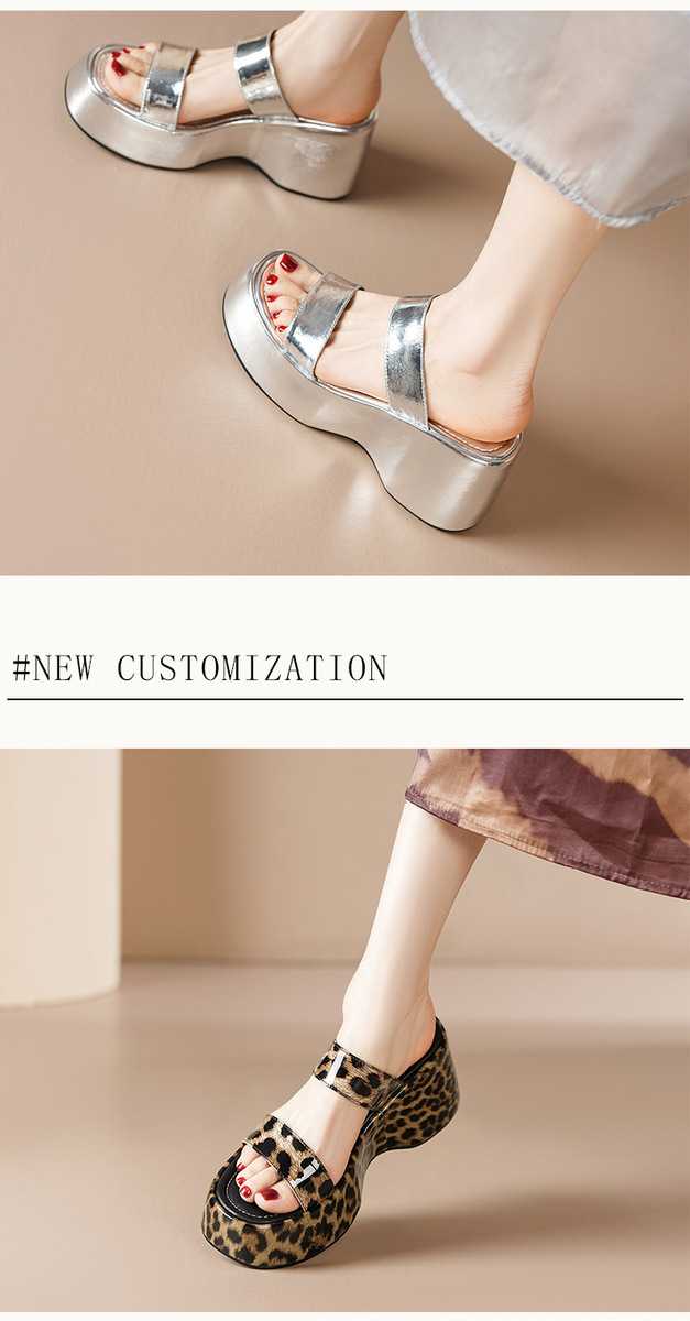 Dép quai ngang nữ đế xuồng gót cao 9cm phong cách retro, phù hợp người chiều cao khiêm tốn — Màu bạc, Vân báo