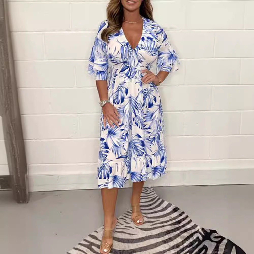 Summer Floral Print V Neck Long Sleeve Dress for Women Casual Style Perfect for Beach or Outdoor Events Wholesale