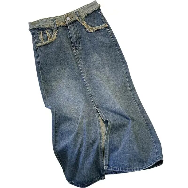 Fashionable Slim Fit High Waisted Denim Skirt Frayed Hem Side Slit Versatile Style Casual Wear Ready to Ship