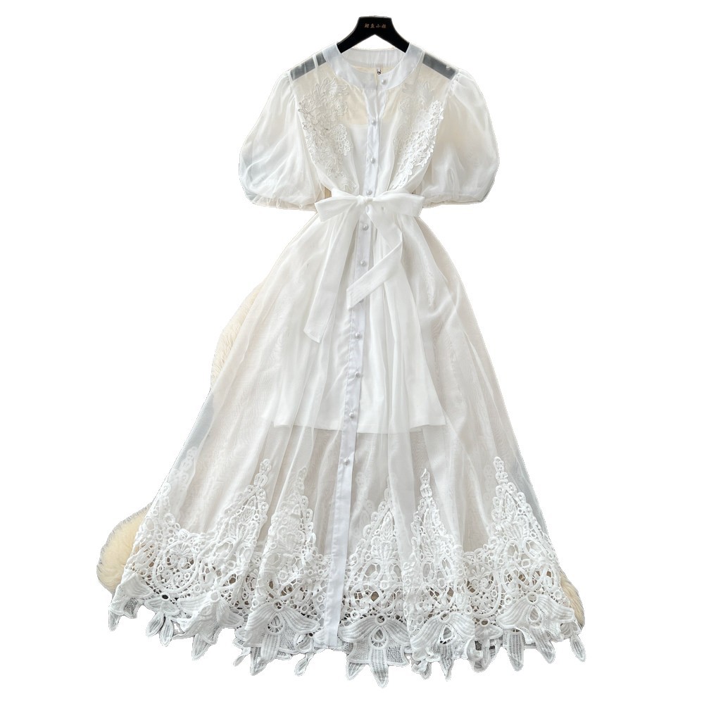 French Romantic Puff Sleeve Lace Dress for Women Breathable Skin Friendly Waist Defining A Line Summer Occasion