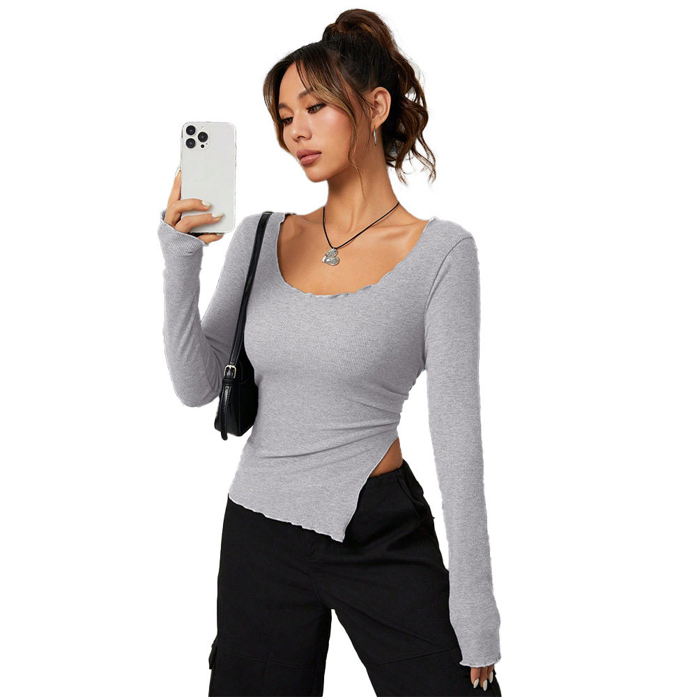 Slim Fit Long Sleeve U Neck T Shirt Asymmetrical Design Cut Out Detail Short Length Casual Wear for Women OEM