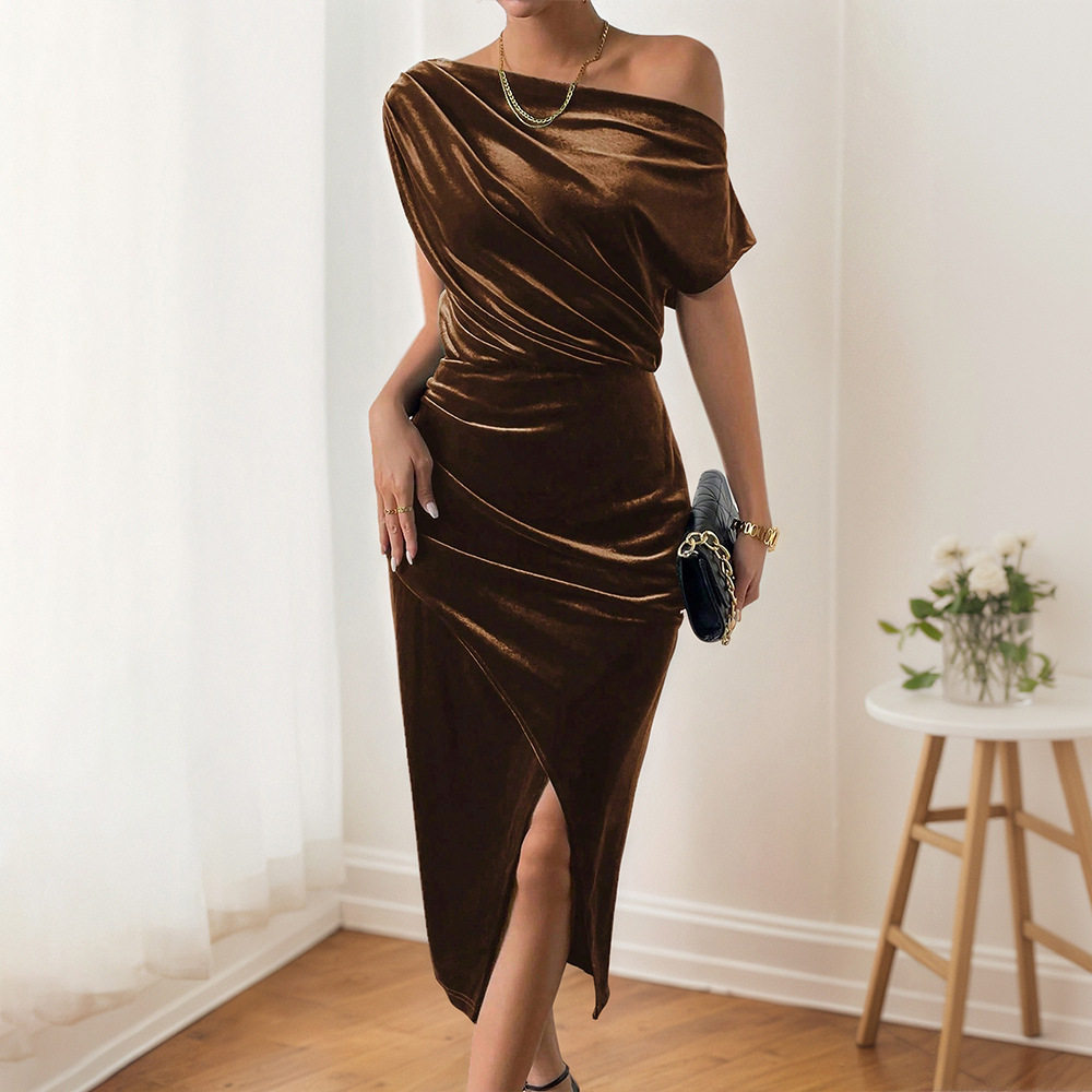 Velvet One Shoulder Dress Slim Fit Side Slit Elegant Design Spring Summer Party Gown Wholesale Available