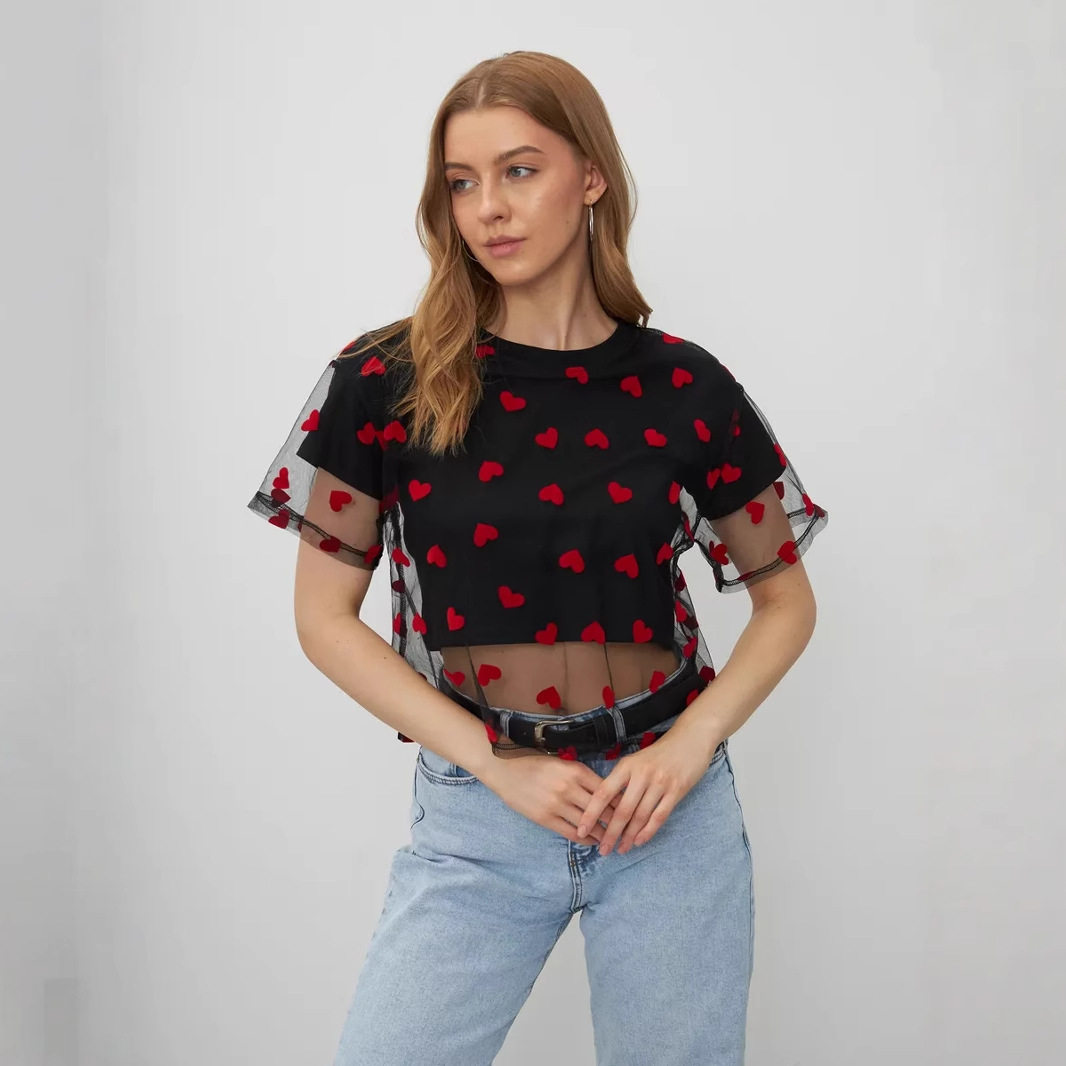 Color Block Heart Mesh Panel T Shirt for Women Short Sleeve Y2K Style Cotton Fabric Summer Casual Wear Wholesale