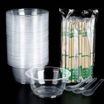 Disposable Tableware Set Wholesale Thickened Round Plastic Bowl with Lid Banquet Home Party Takeaway Packaging Lunch Box