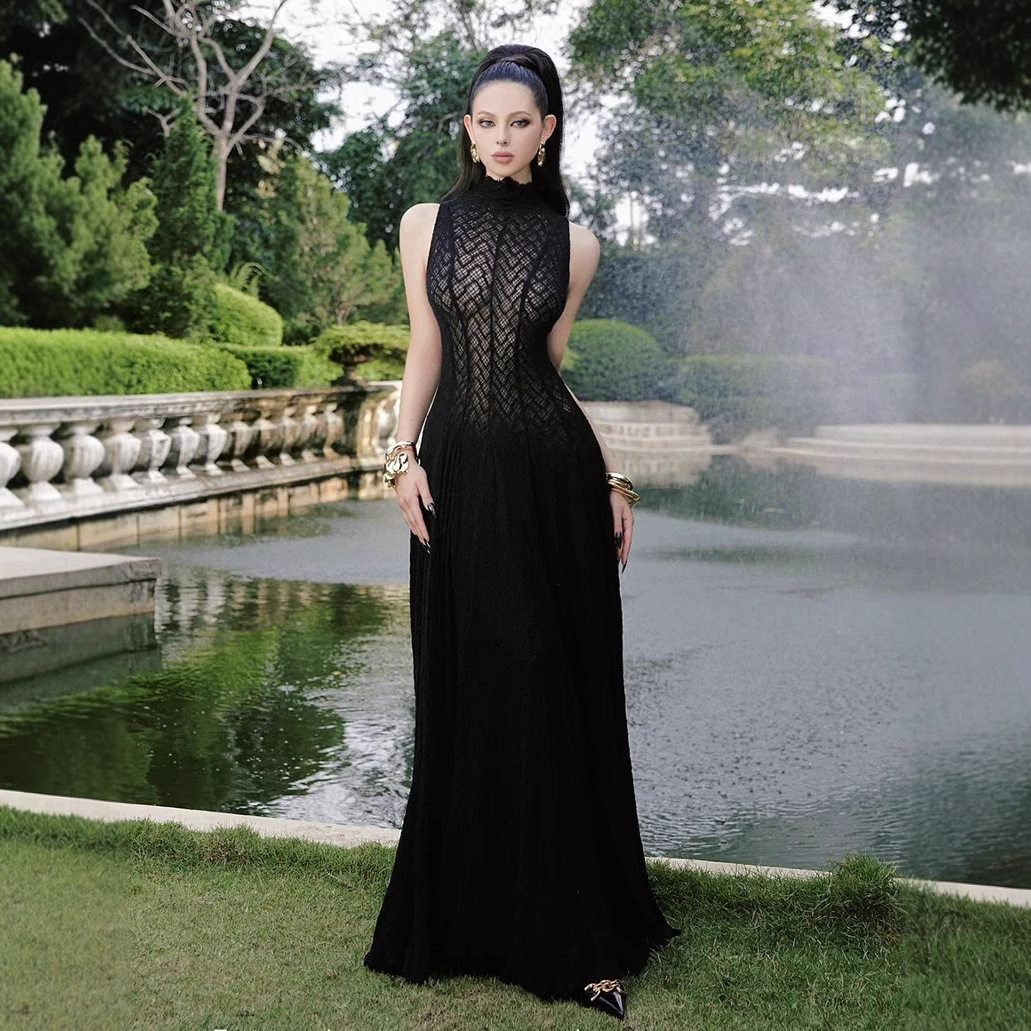 Đầm maxi nữ thắt eo cổ tròn không tay ren rỗng phong cách Pháp — Trắng (bộ 2 chiếc), Đen (bộ 2 chiếc)