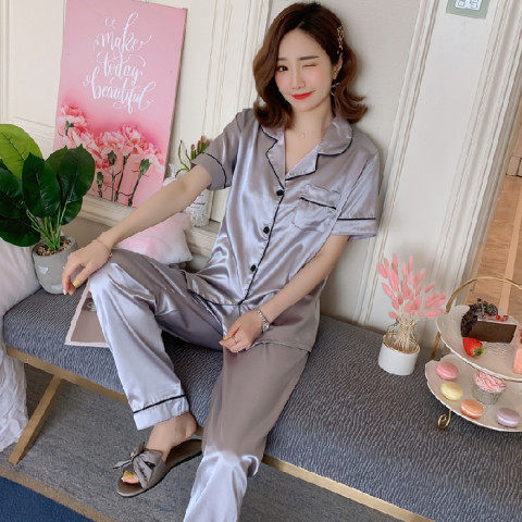 冰丝睡衣女夏季开衫短袖短裤仿真丝宽松大码跨境家居服套装M-5XL