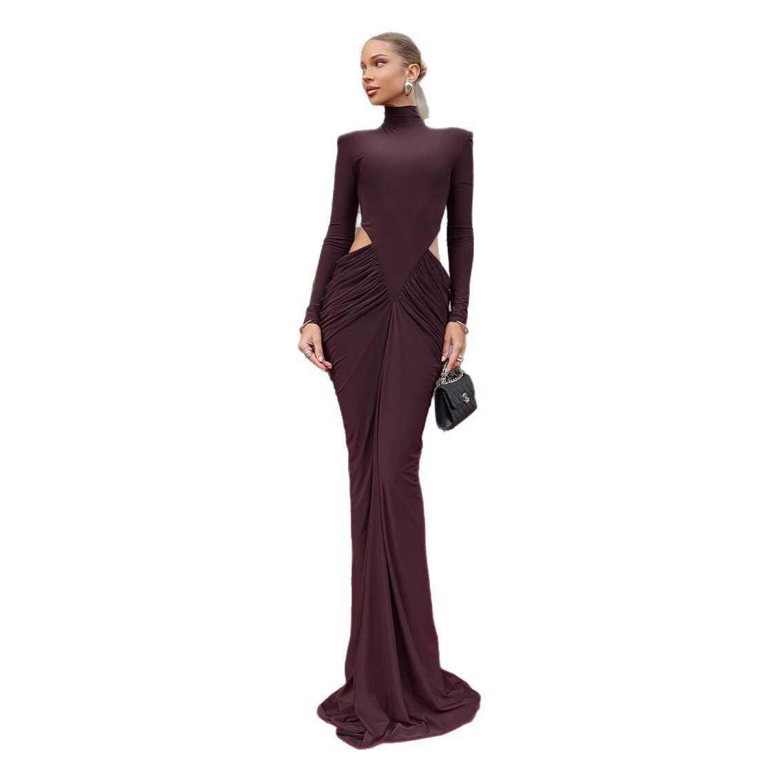 High Neck Long Sleeve Dress Solid Color Ruffled Design Hollow Out Elegant Style Perfect for Autumn and Winter