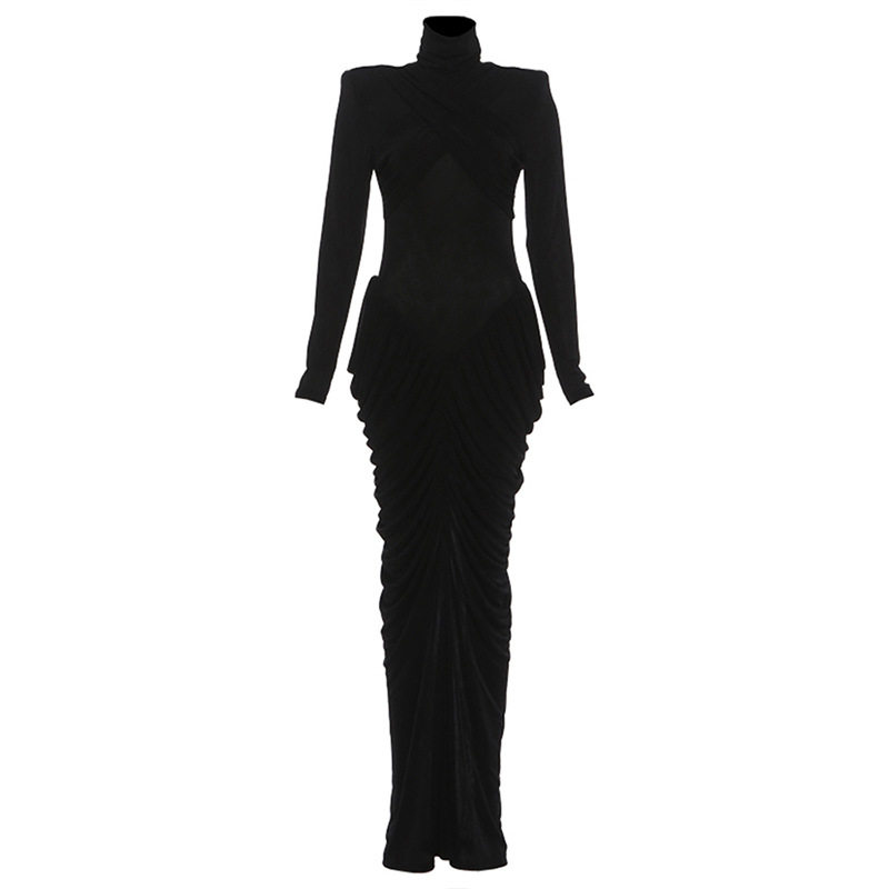 High Neck Long Sleeve Bodycon Dress Solid Color Ruffled Design Elegant Style Autumn Winter Fashion Wholesale