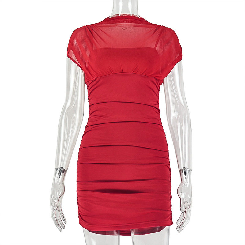 Slim Fit Solid Color Bodycon Dress for Women High Neck Short Sleeve Waist Cinching Fashionable for Parties and Events