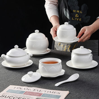Ceramic Stew Pot Pure White Hotel Tableware Soup Pot Bird's Nest Bowl Dessert Pot Water-proof Stew Pot Pot Ancient Pot with Plate Lid