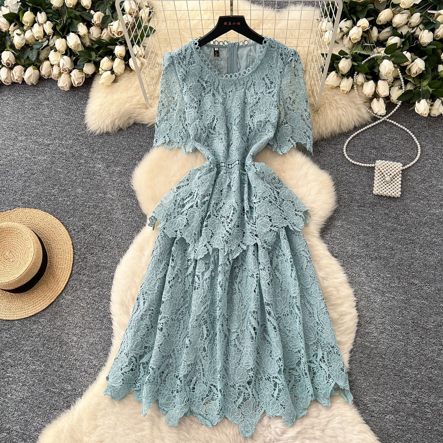 Vintage Short Sleeve Dress for Women Hollow Out Lace Design Waist Defined Elegant Style Perfect for Summer Events