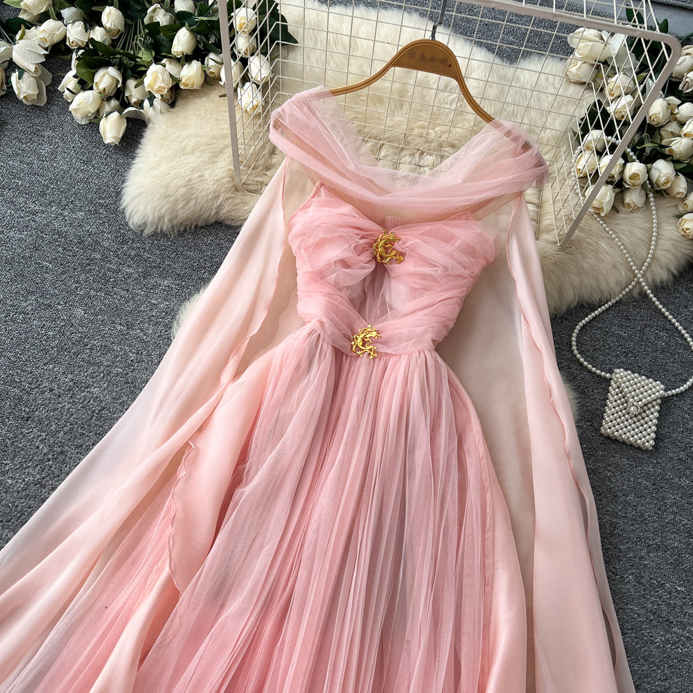 French Style Halter Neck Dress Romantic Mesh Sweet Ribbons Slim Fit Summer Vacation Long Dress Wholesale Available