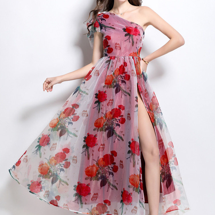 Elegant High End One Shoulder Floral Lace Waist Defined Mesh Dress for Women Chic Print Slit Design Evening Wear