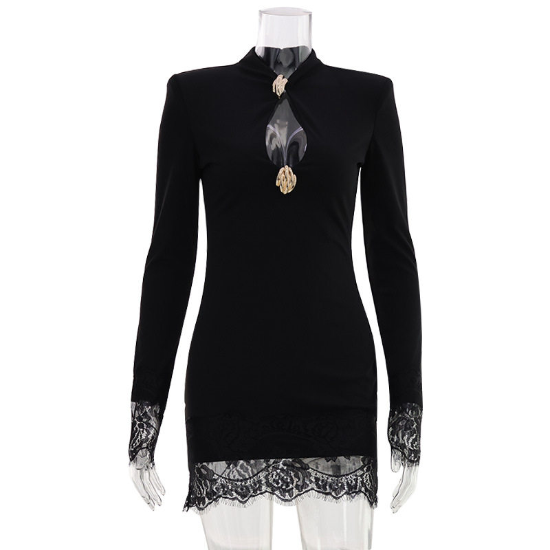 Fashionable Bodycon Dress Qipao Collar Hollow Chest Design Solid Color Slim Fit Evening Wear Party Dress
