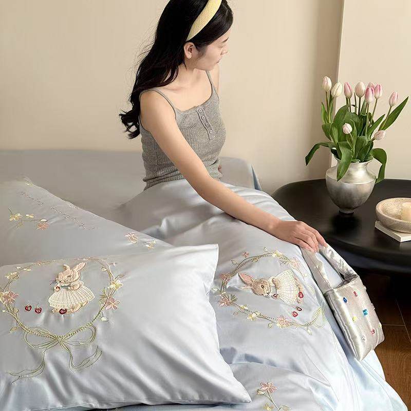 Back-To-School Girl's Heart 100-Count Long-Staple Cotton Embroider Three- or Four-Piece Set Cute Rabbit Cotton Bed Bed Sheets Quilt Cover Bedding 9