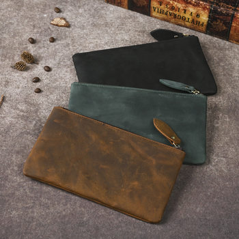 Minimalist Crazy Horse Leather Men's Cowhide Mobile Phone Bag Long Retro Ultra-thin Women's Genuine Leather Wallet Japanese and Korean Hand Bag