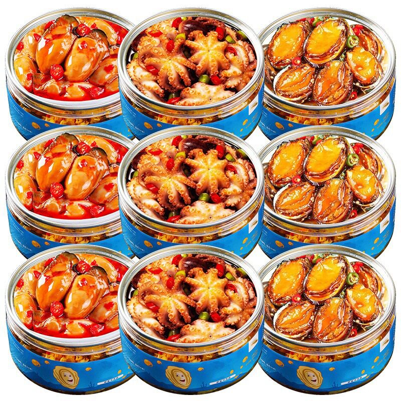 Spicy Small Seafood Canned Snacks Ready-To-Eat Octopus, Sea Hare, Clams, Oysters, Scallops Set