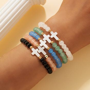 Cross-Border European and American Fashion Natural Shell Turquoise Cross Copper Beads Glass Beads Beaded Multi-Piece Elastic Bracelet for Women