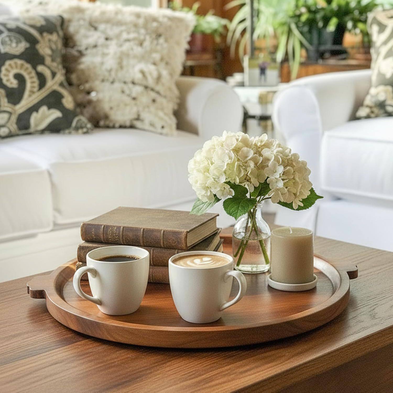 Japanese-Style Round Acacia Wood Household Serving Tray Coffee Table Decoration Tray Kitchen Pizza Tray Household Dried Fruit Tray