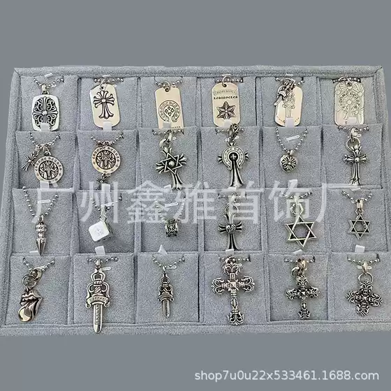 Ch Crowd Retro Sword Six-Pointed Star Flame Cross with Light Bead Chain Fashion Trendy Couple Necklace