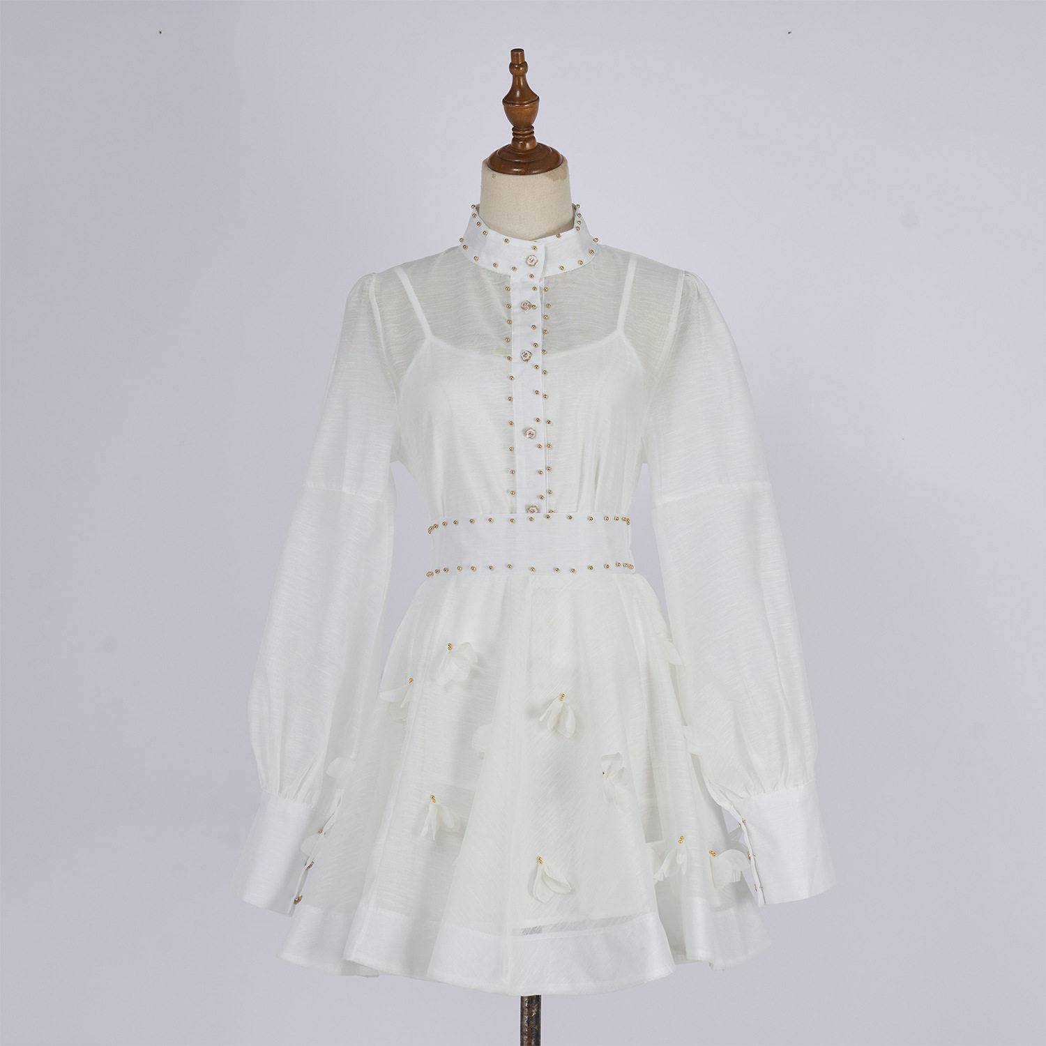 Long Sleeve Lantern Collar Button Up Shirt with Beaded Detail Waist Defining Fit A Line Mini Skirt Set for Spring Summer