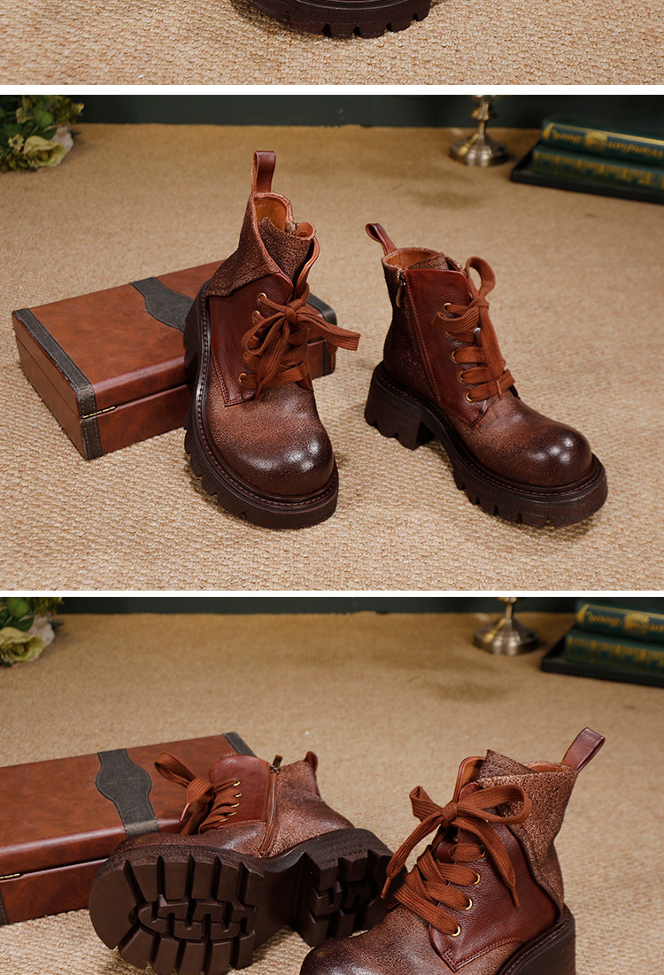 Boot Martin nữ cổ ngắn da bò thật, gót cao 6-8cm, khóa kéo bên hông — màu cà phê