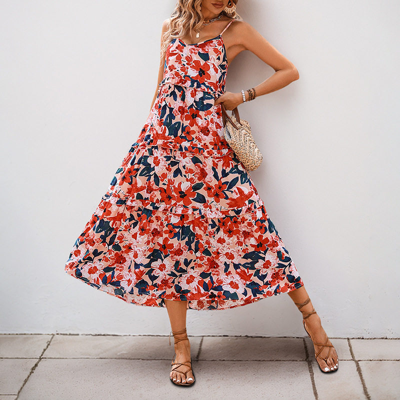 Summer Vacation Dress Casual Beach Style Floral Print Sleeveless Comfortable Fabric Wholesale Available