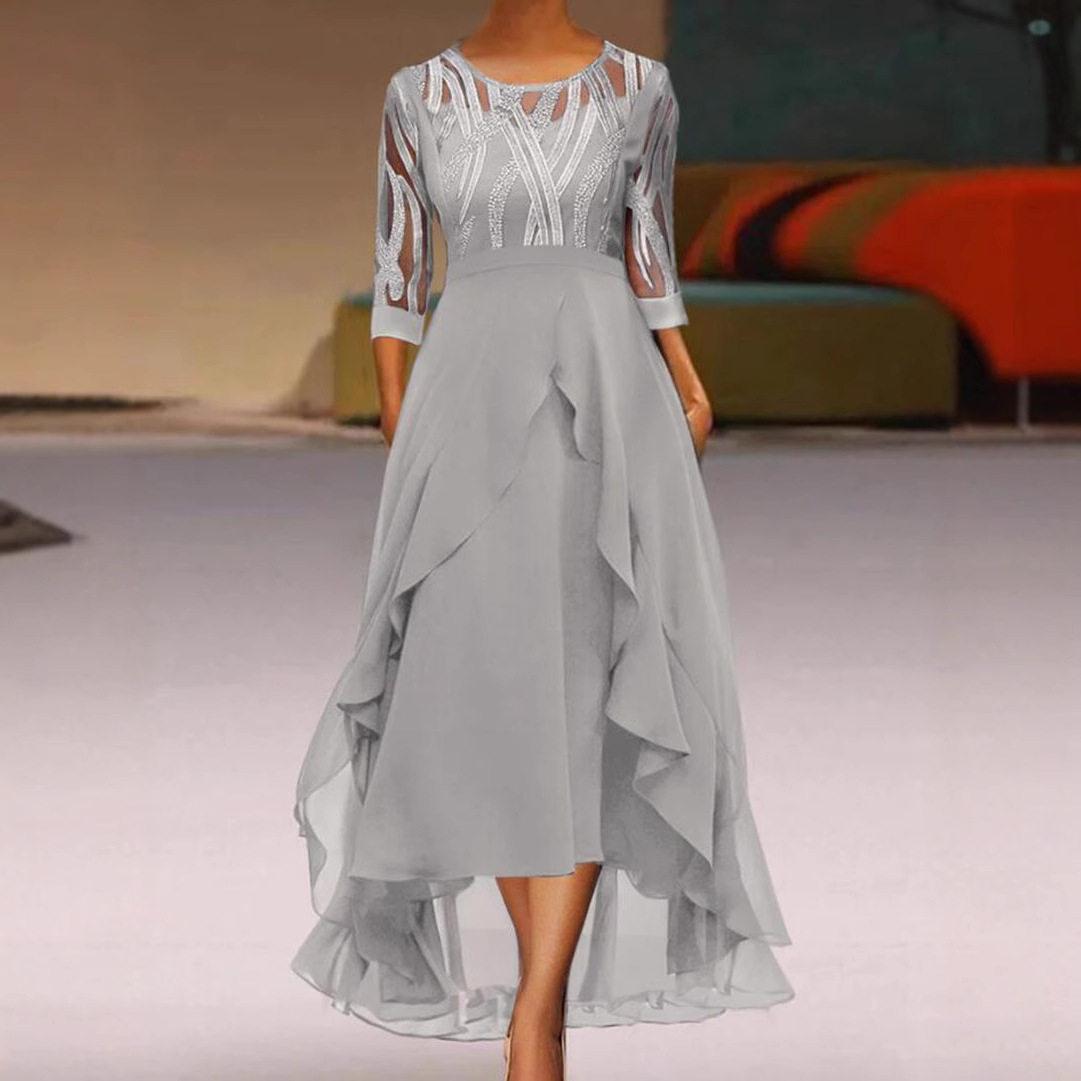 Chiffon Midi Dress with Lace Inserts and Round Neckline for Fall Winter Events Available in Gray and Blue Wholesale