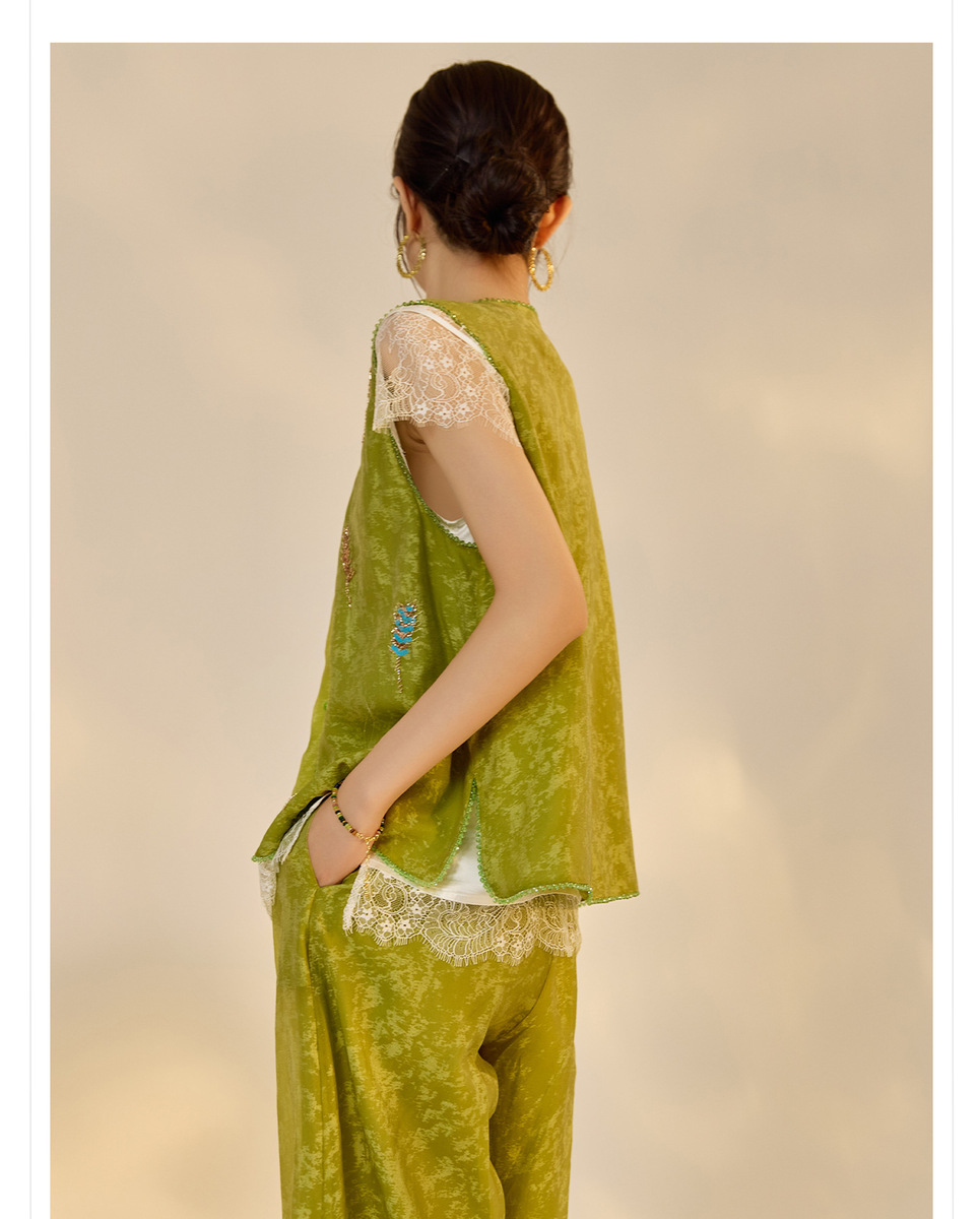 Set gile thêu đính cườm kèm quần dài nữ phong cách thanh lịch — Quần dài màu mơ, Quần dài màu xanh lục, Gi lê màu hồng, Gi lê màu xanh lục