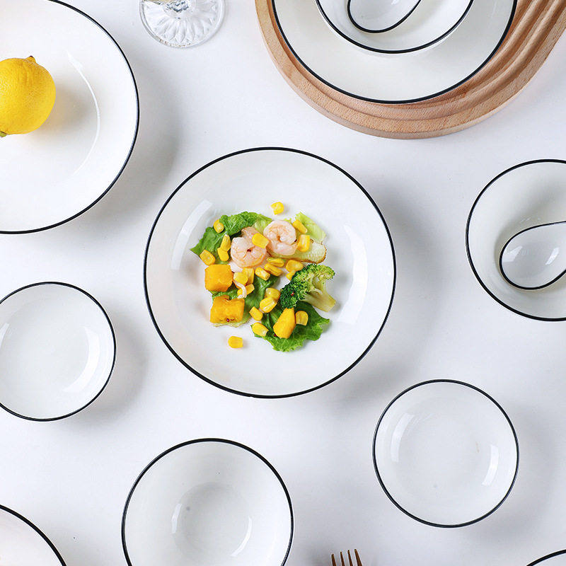 Nordic Style Light Luxury Black Mouth Bead Lotus Bowl and Dish for Home High-value Japanese Style Solid Color Cyber Celebrity Rice Bowl Nian Soup