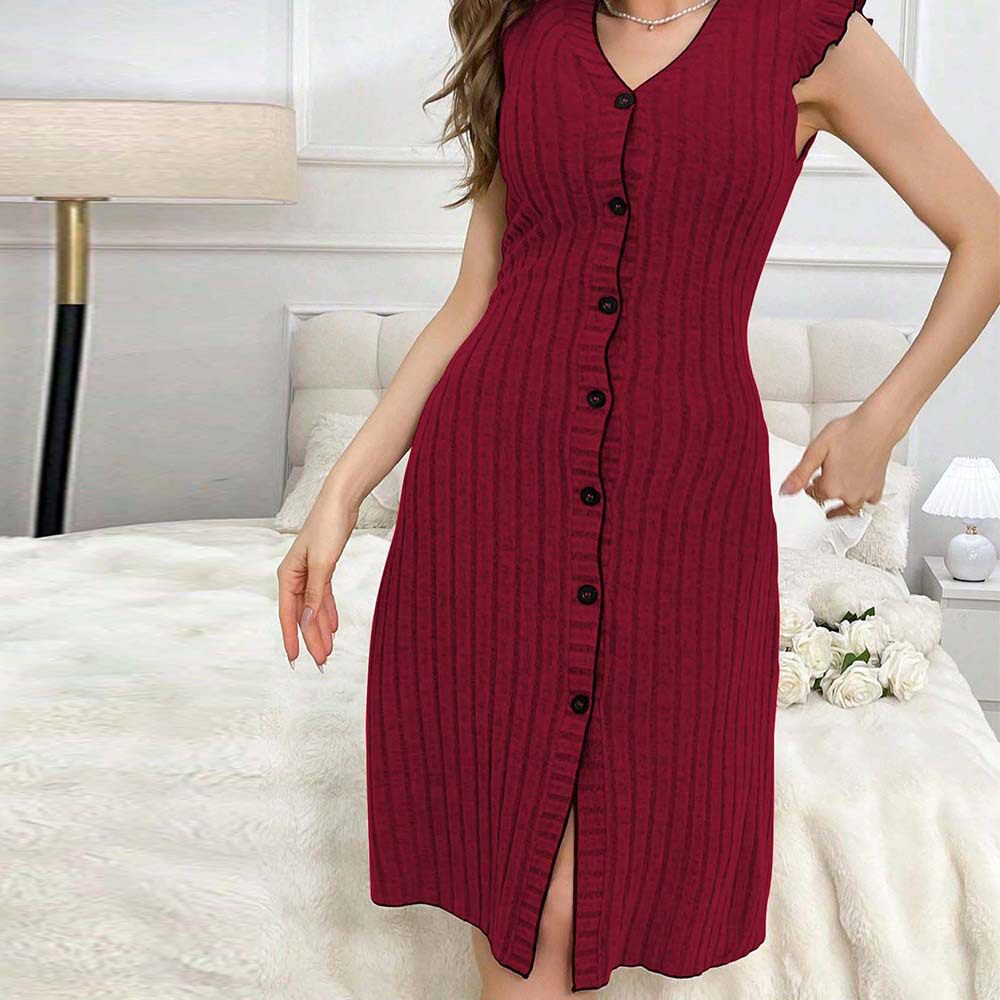 Red Short Sleeve Casual Dress Comfortable Fabric V Neck Sleeveless Spring Summer Home Wear Wholesale Available