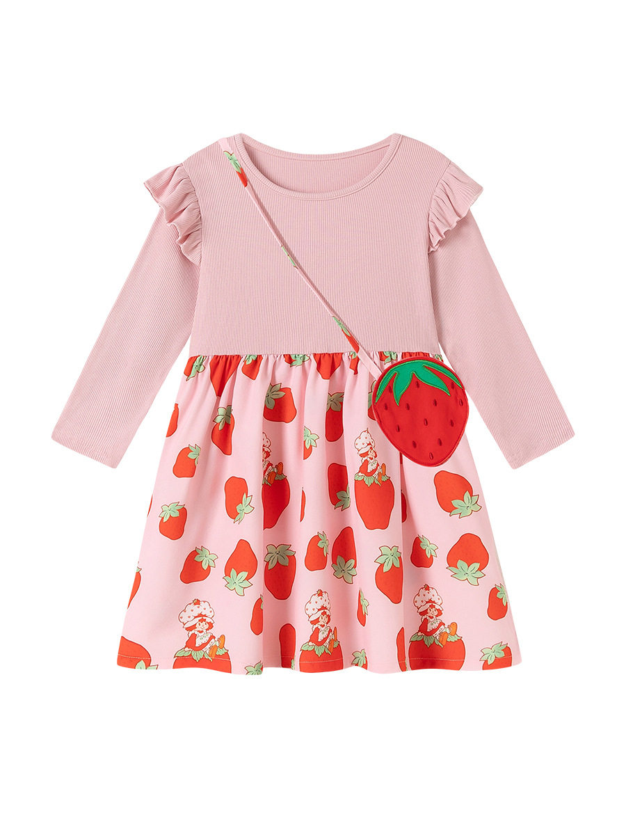 Girls' Dress, Autumn Long-sleeve Kids' Dress, Cute Strawberry Kids' Dress