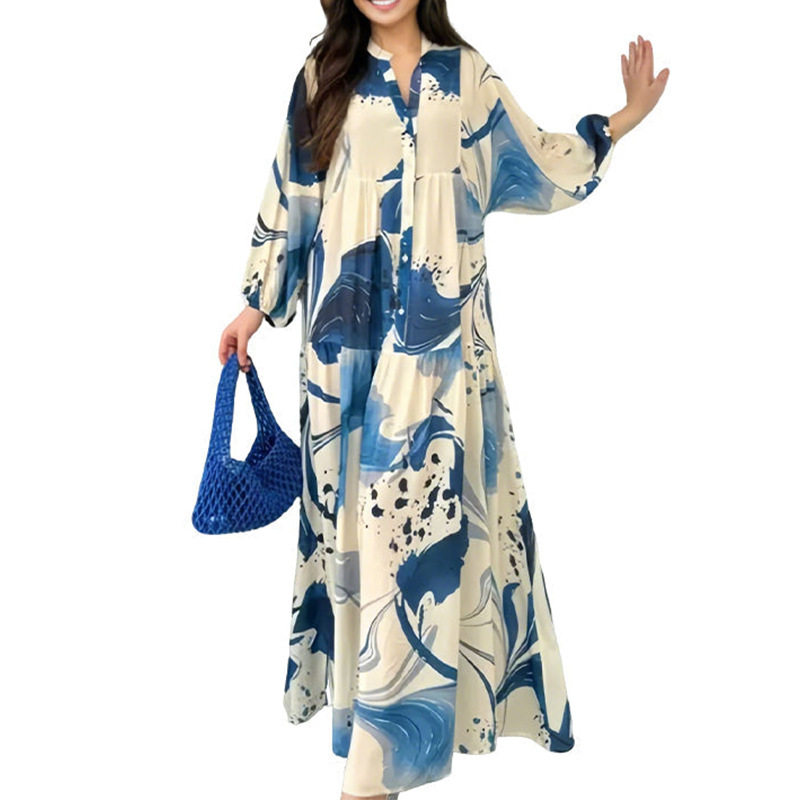 Womens Spring Dress Elegant Color Block Print Single Breasted Design Perfect for Casual or Formal Occasions