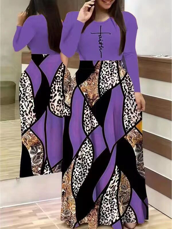 Casual Long Sleeve Maxi Dress 200g Fabric Floral Print Round Neck Perfect for Everyday Wear Wholesale Available