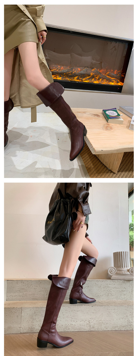 Boot nữ cổ cao quá gối da bò gót thô 5cm mũi nhọn phong cách tối giản — Lớp lót đơn màu đen, Lớp lót đơn màu đỏ neo, Lớp lót nhung đen, Mỏ neo nhung đỏ