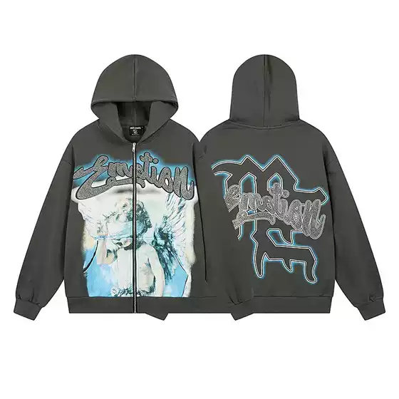 2025 American Trendy Brand Mixed Emotion Hoodie Sweatshirt Windbreaker Zipper Jacket Cross-Border Export
