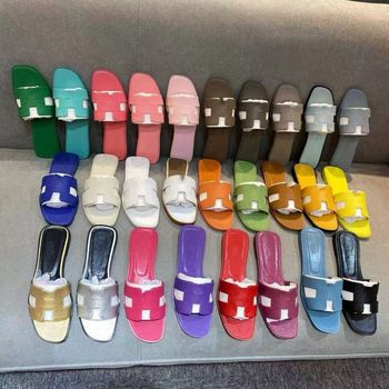 High Version H Family Slippers Classic One-Line Flats Pattern Palm Pattern Patent Leather Women's Slippers Factory Direct Sales Spring and Summer