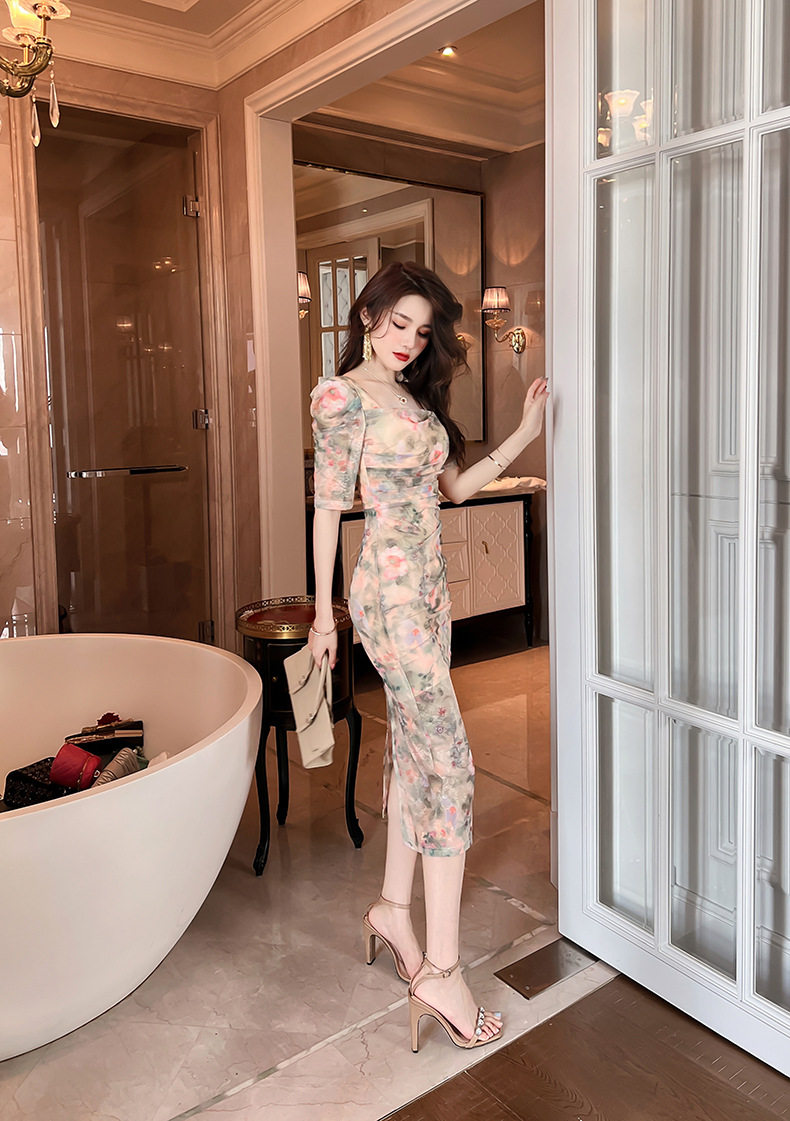 Đầm maxi nữ thắt eo cổ vuông họa tiết hoa retro Pháp — [Xanh lá] chi tiết 9