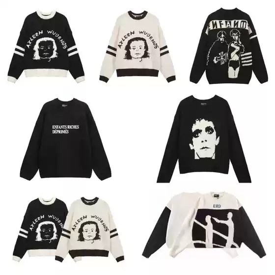24SS Heavy Enfants Melancholy Rich Second Generation Alphabet Head Slogan Jacquard Vintage Crewneck Sweater Pullover