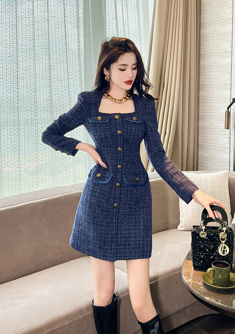 Đầm nữ dáng chữ A cổ vuông thắt eo vải tuýt dài tay — Màu tím xanh lam