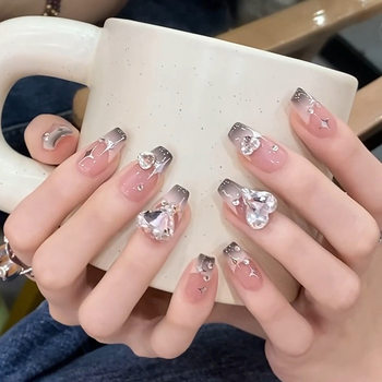 Short Ballet Manicure Patch Black Gradient French Star Giant Flash Heart Diamond Wearable Nail Patch Nail