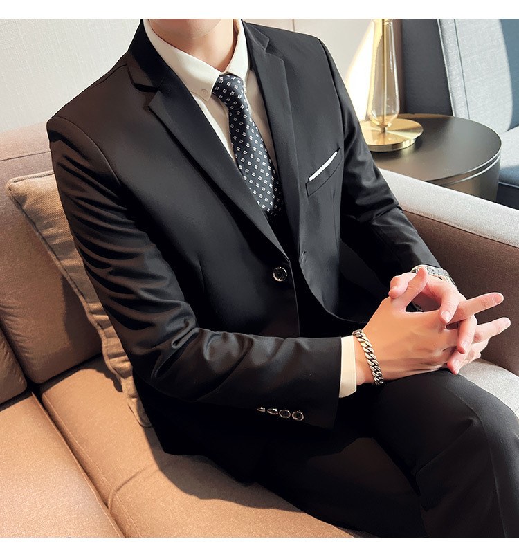 Bộ vest nam ôm dáng ba món phong cách công sở và dự tiệc cưới — Màu xám (áo một nút + áo vest + quần), Màu xanh navy (áo một nút + vest + quần), Màu xám (áo một nút + quần), Màu xám (áo đơn một nút)